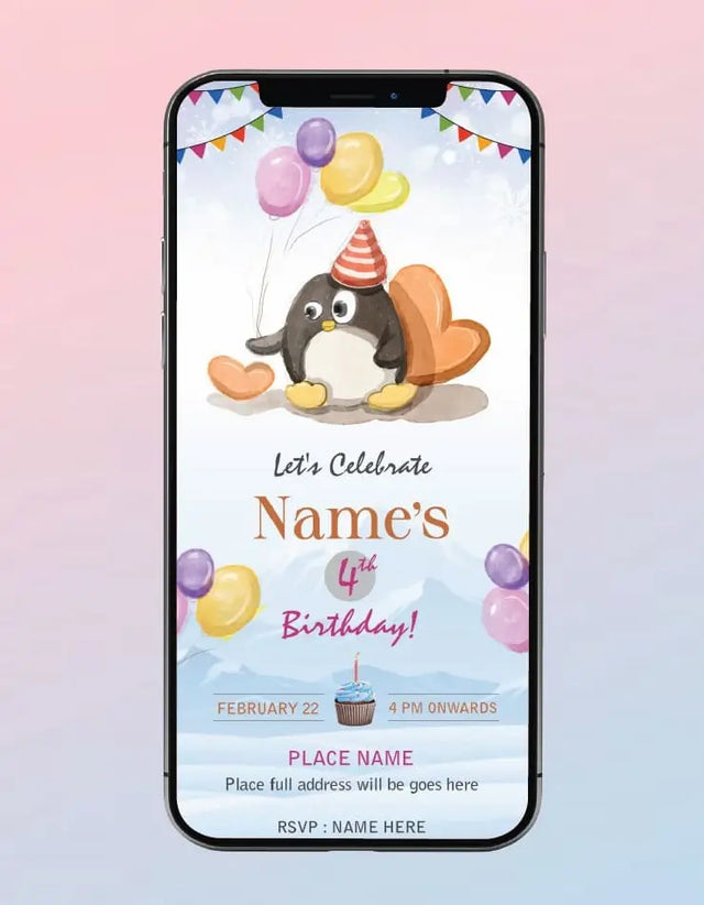 Cute Penguin Birthday Invitation Card 