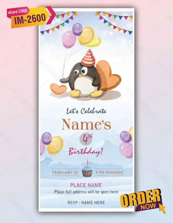 Cute Penguin Birthday Invitation Card 