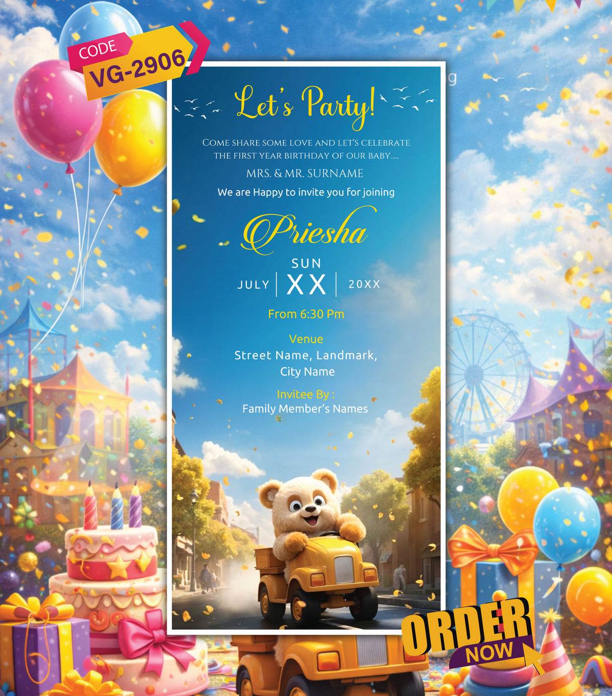 Cute Teddy Bear Birthday Invitation