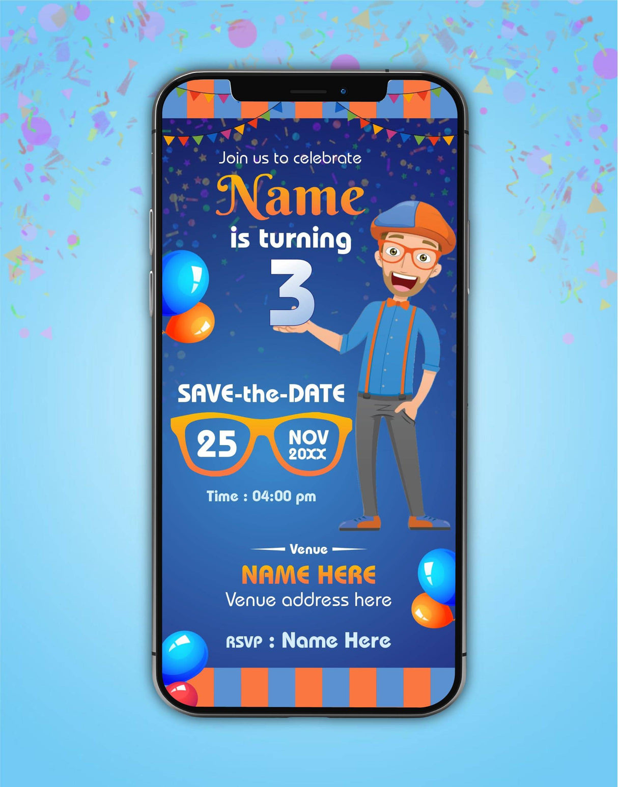 Digital Blippi Birthday Invite 