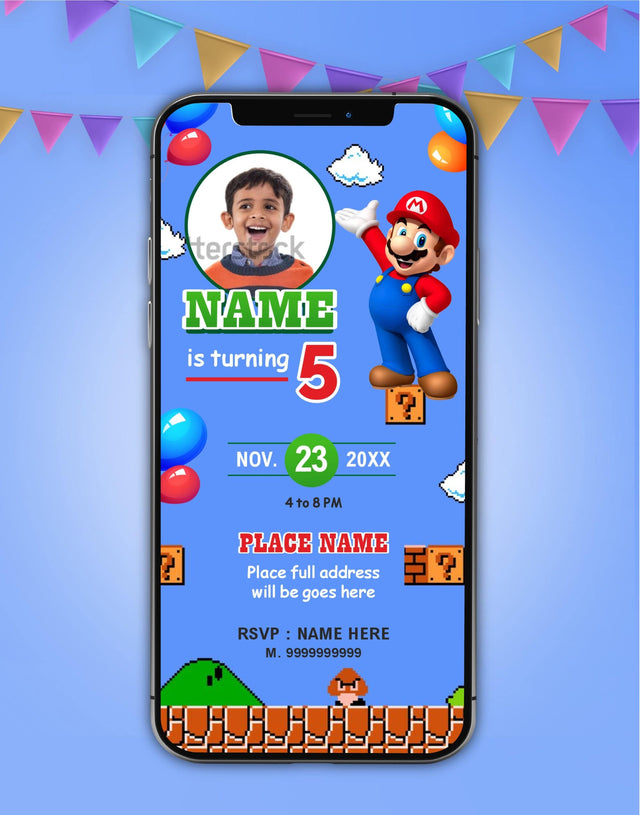 Digital Super Mario Birthday Invitation Card 