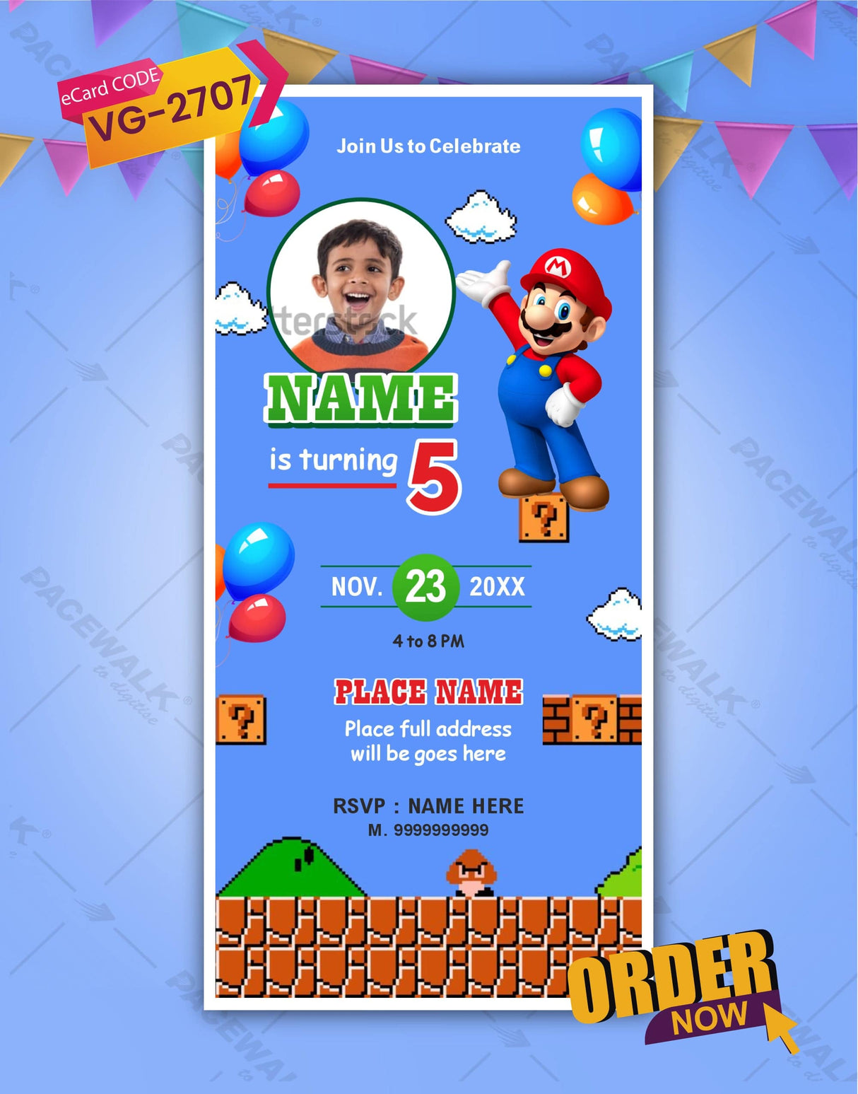 Digital Super Mario Birthday Invitation Card 