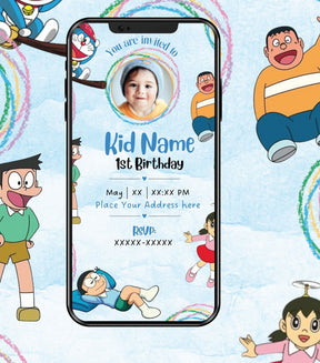 Doraemon Theme 1st Birthday Invitation Card 