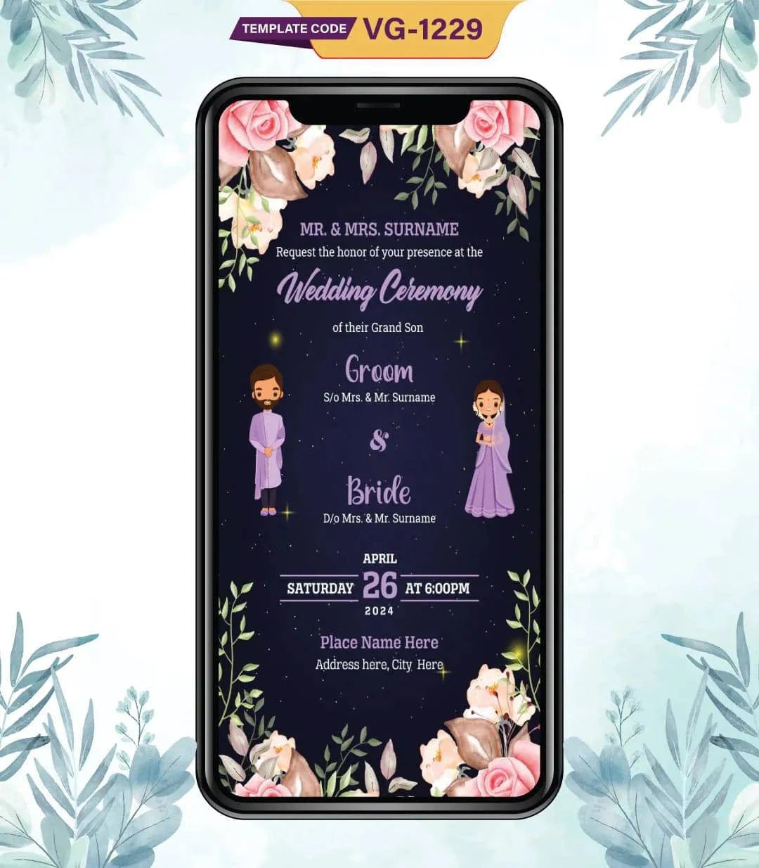 Floral Cartoon Couple Wedding Invitation Card