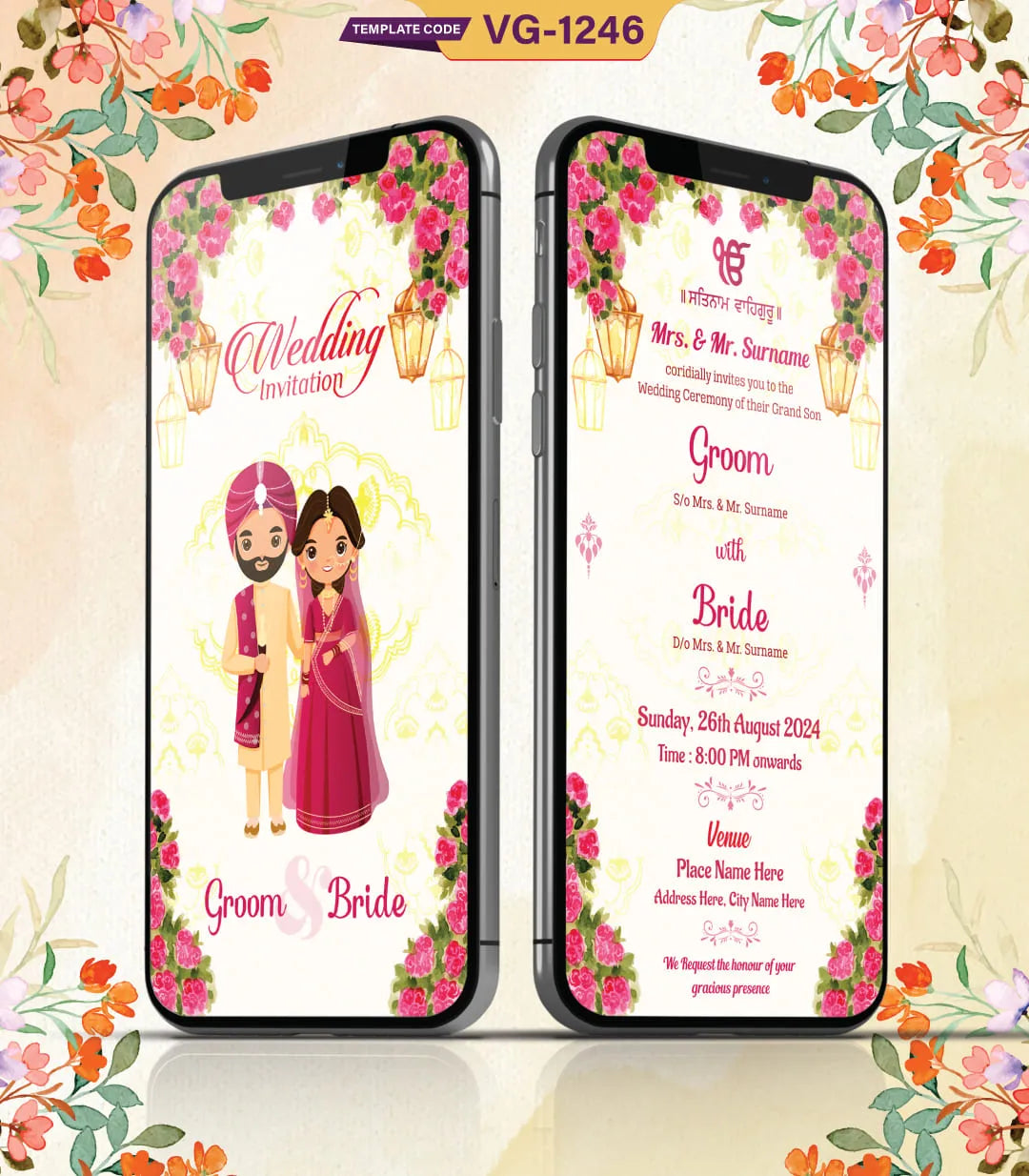 Floral Punjabi Wedding Invitation Templates | VG-1246