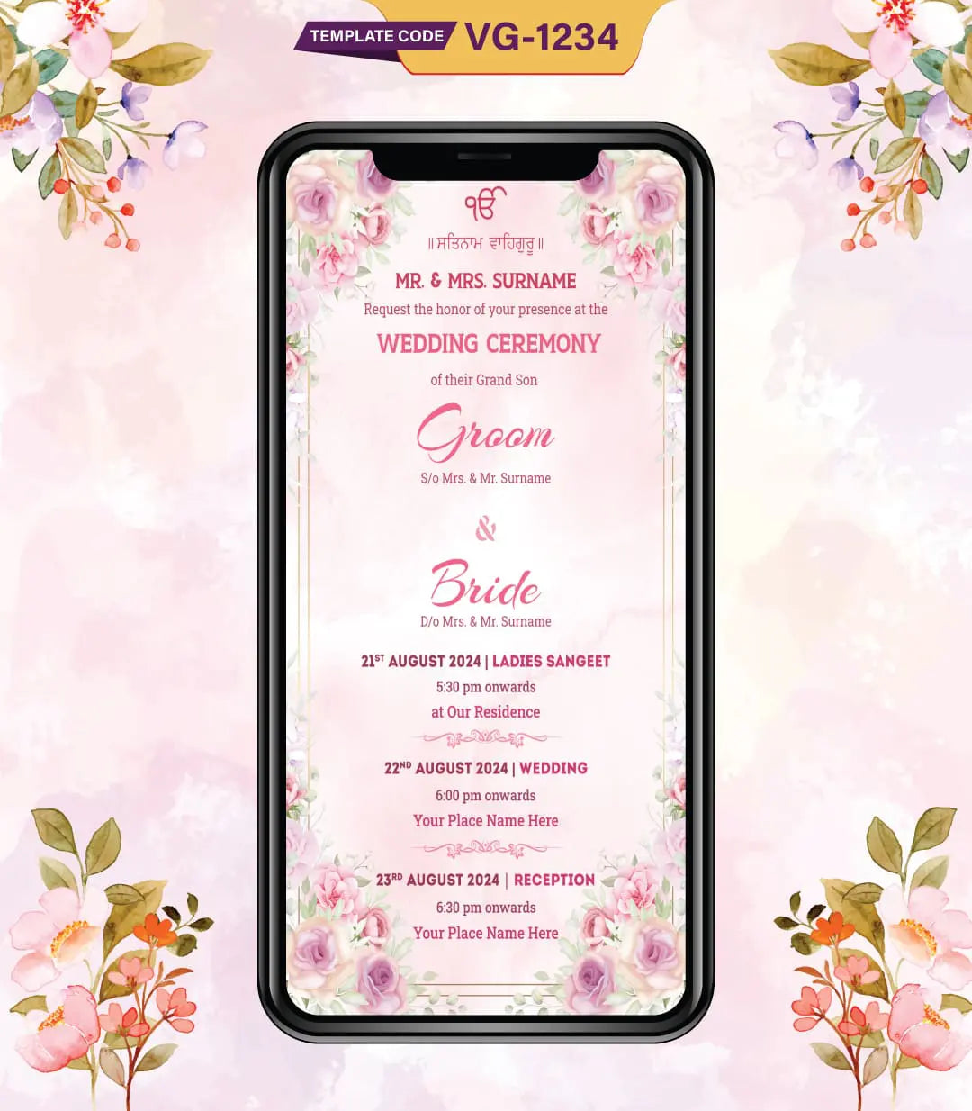 Floral Sikh Wedding Ceremony Invitation Card | VG-1234