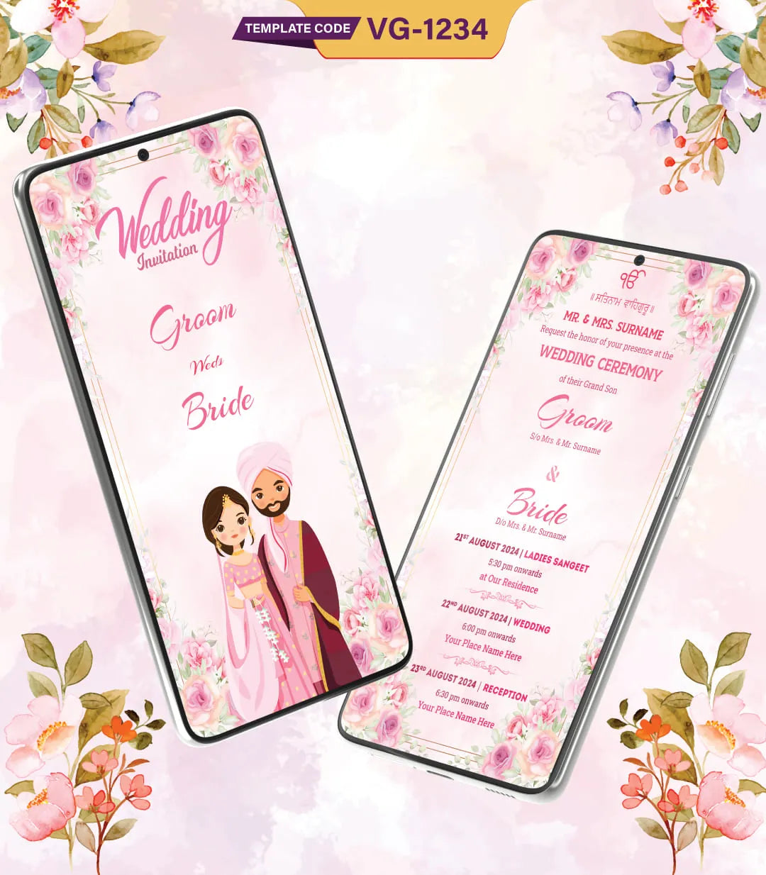 Floral Sikh Wedding Ceremony Invitation Card | VG-1234