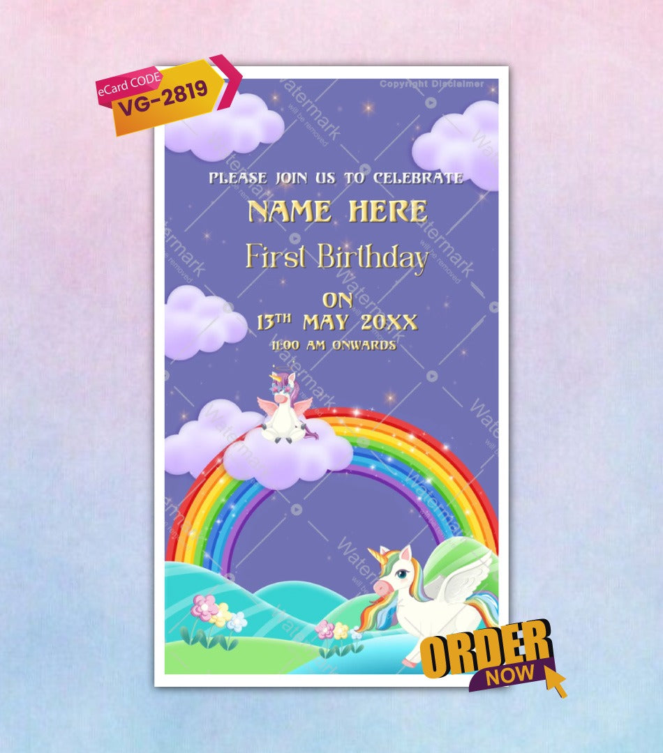 Flying Unicorn 1st Birthday Video Invite 
