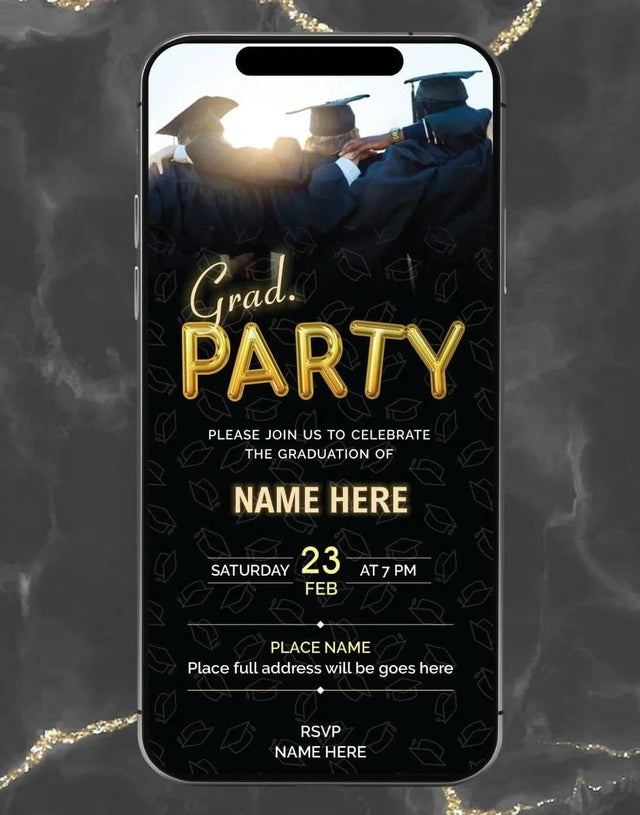 Grad Card Invination Graduation Invitation Card | Modern Black & Gold Grad Party E-Invite ...
