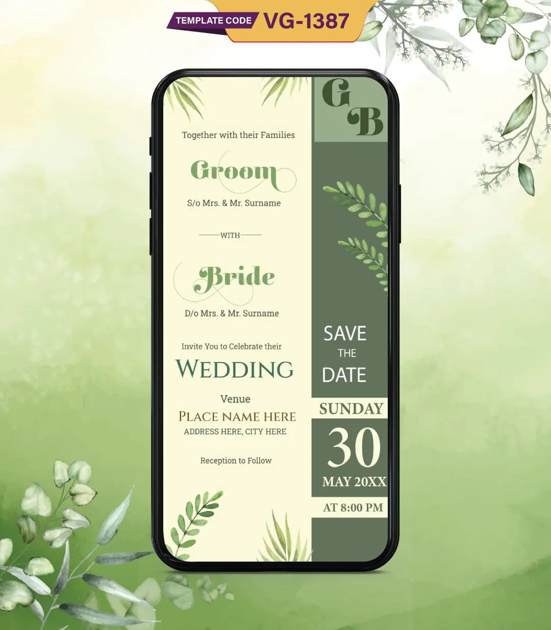 Green Leaves Wedding Invitation Card