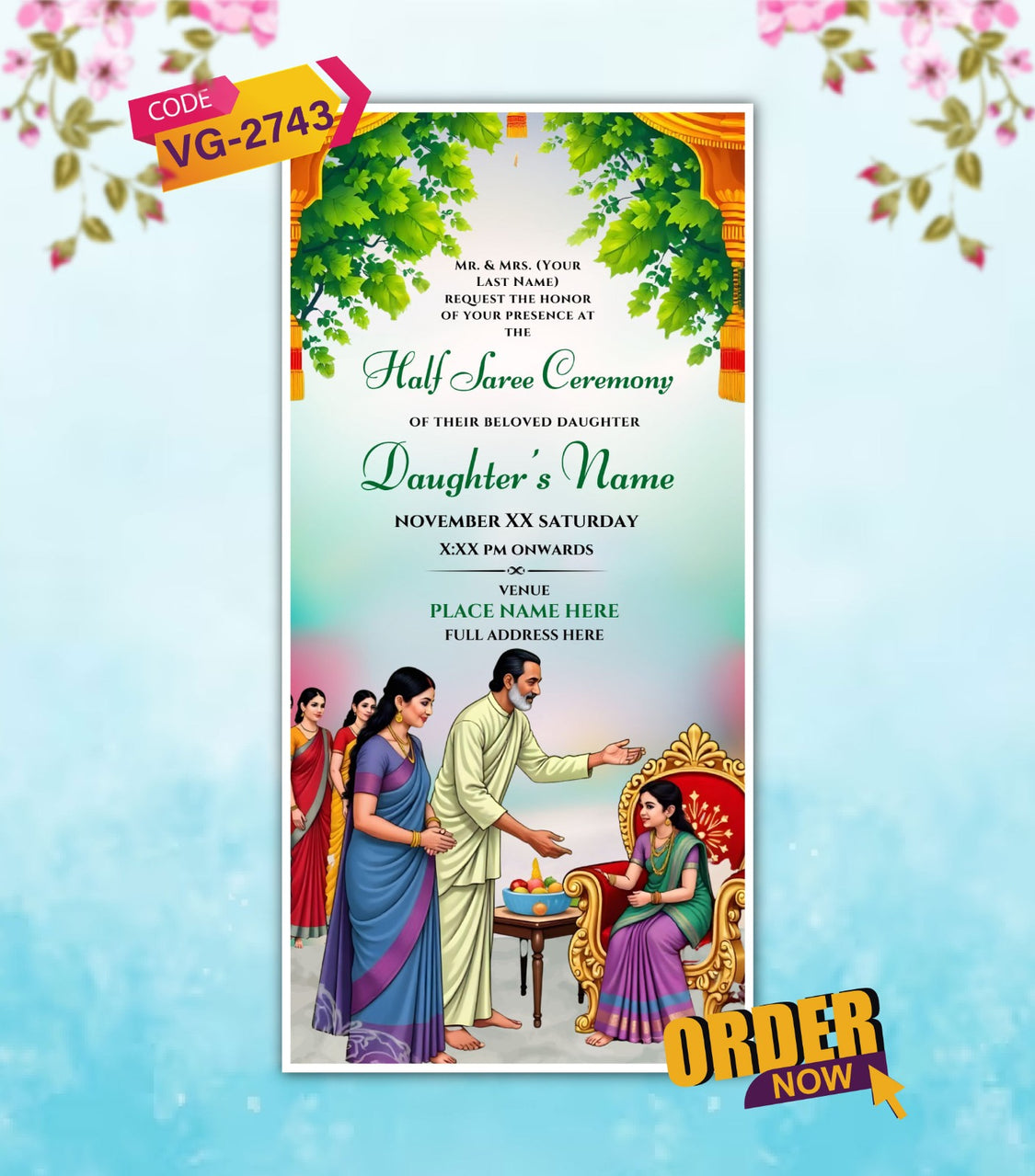 Half Saree Voni Ceremony Digital Invitation Card – VideoGiri