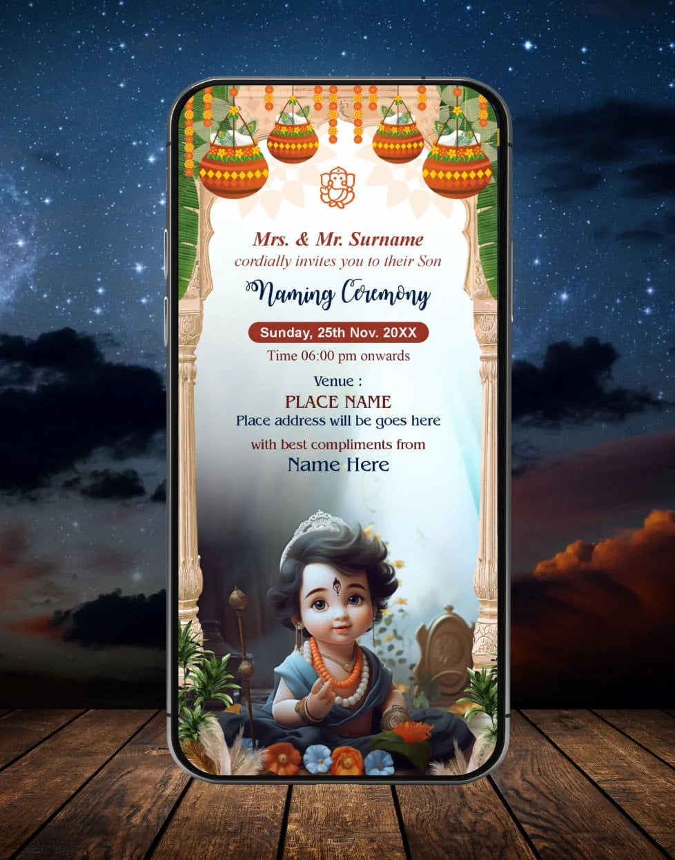 Krishna Theme Naming Ceremony Invitation Card