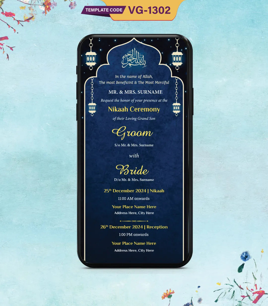 Muslim Wedding Invitation PDF Card | VG-1302