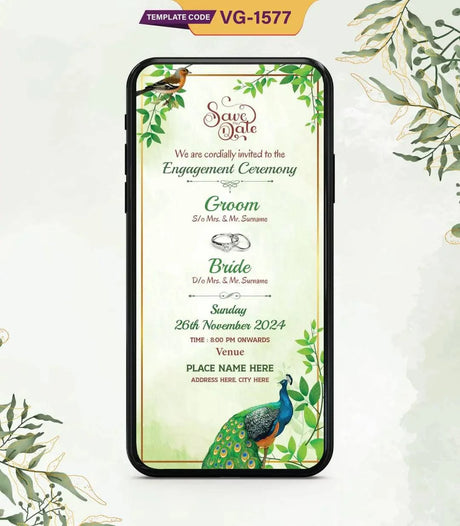 Peacock Theme Engagement Invitation Card 