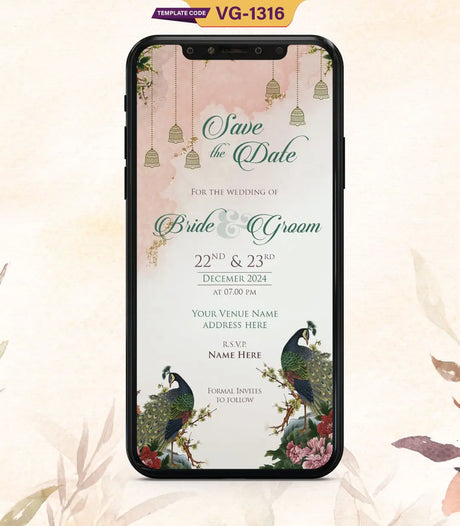 Peacock Theme Wedding Invite Card 