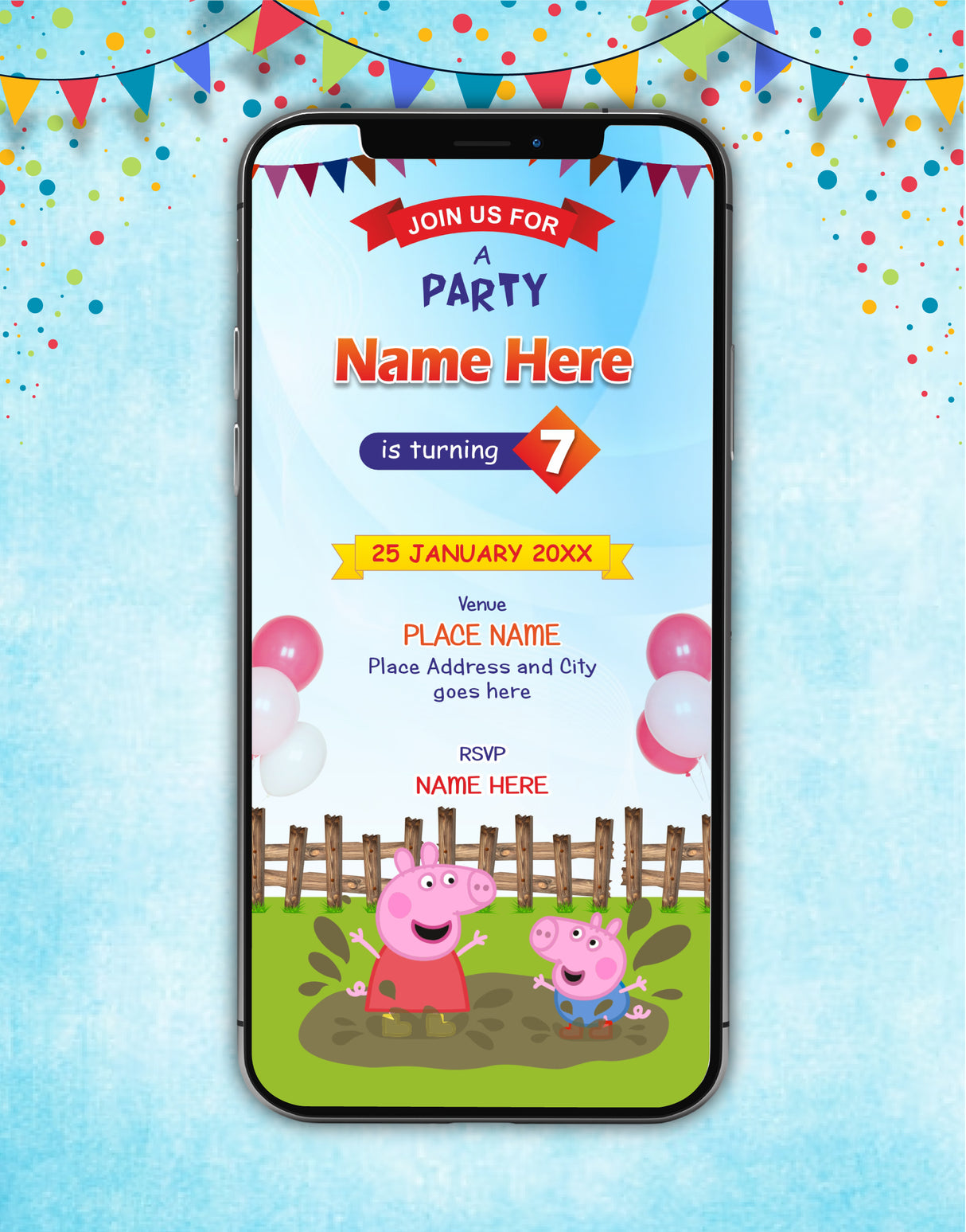 Peppa Pig Theme Birthday Invitation Card