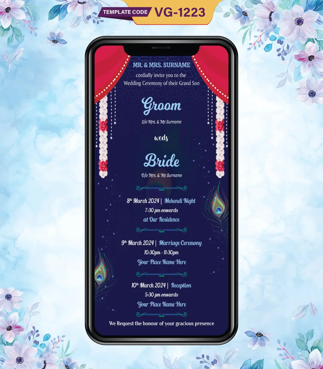 Radha Krishna Theme Wedding Invitation PDF Card | VG-1223