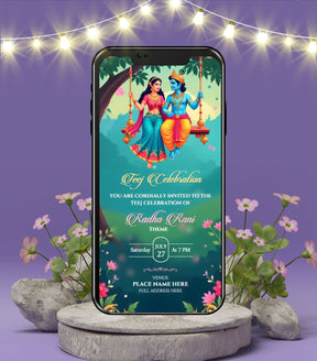 Radha-Krishna Theme Teej Celebration Invitation Card 
