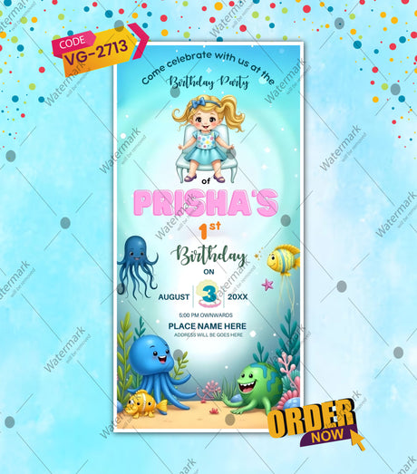 Sea Creatures 1st Birthday Invitation Card