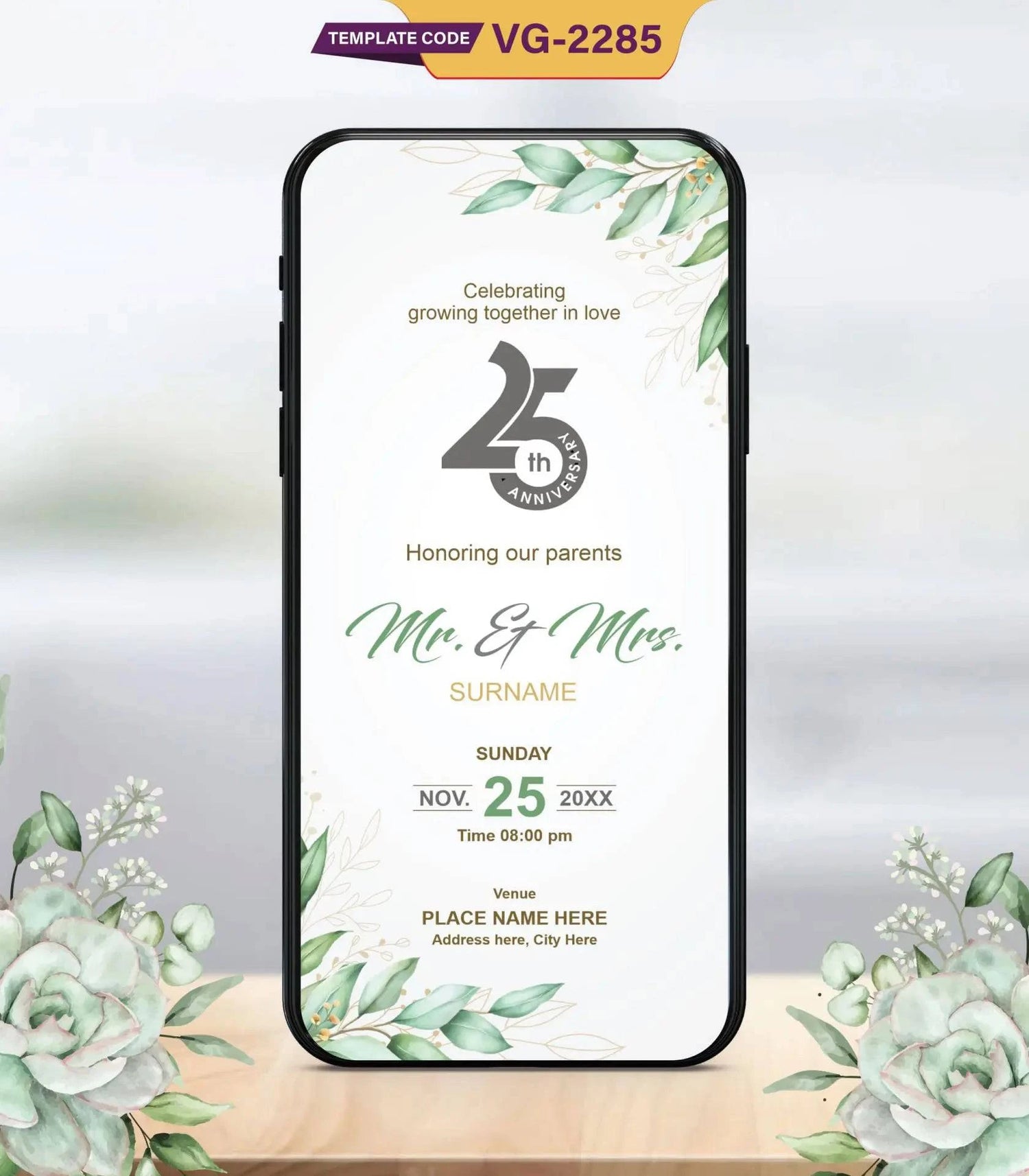 Silver Jubilee Anniversary Party Invitation Elegant 25th Wedding Celebration E-Invite VG-2285