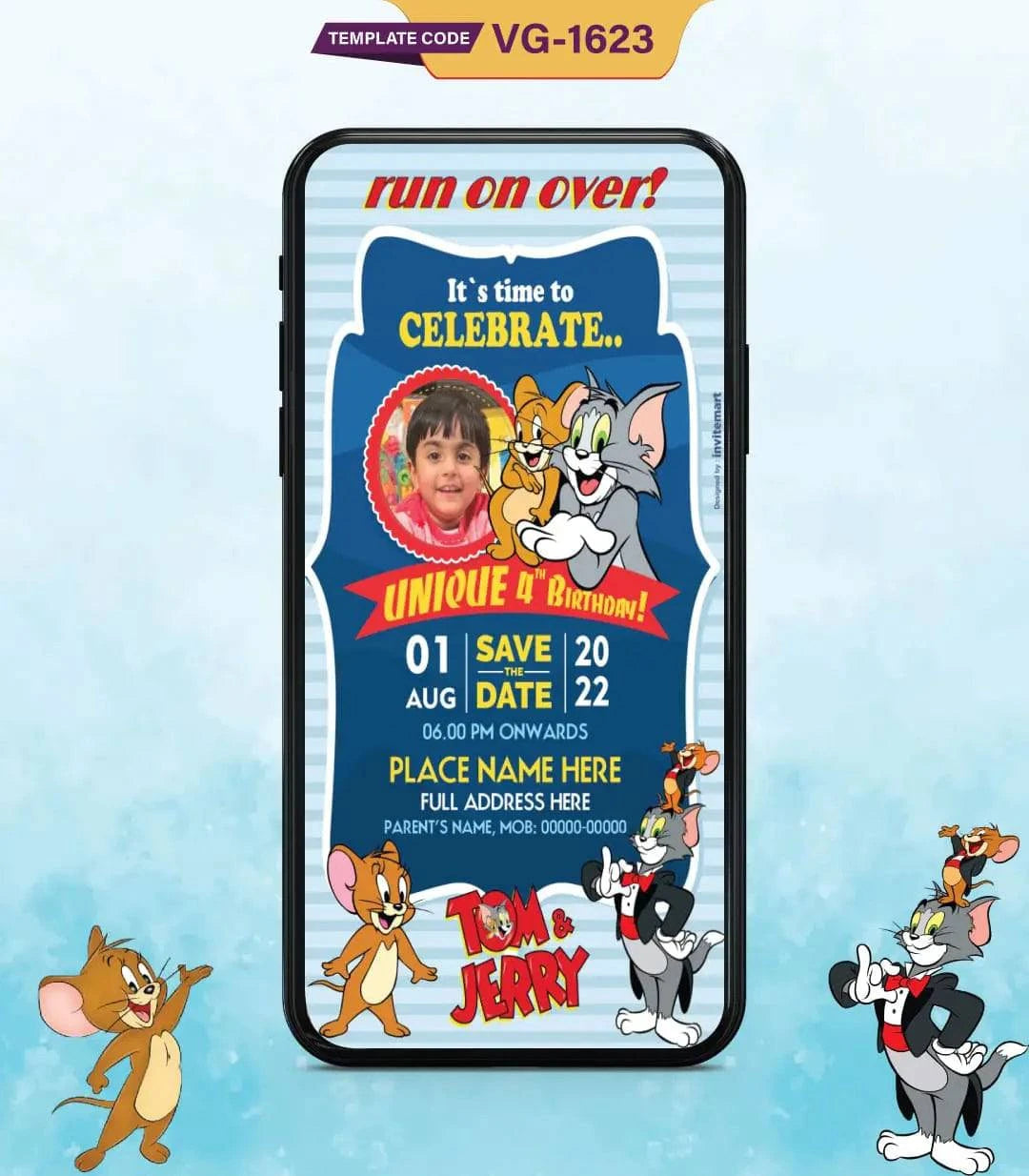 Tom And Jerry Theme Birthday Party Invitation Card