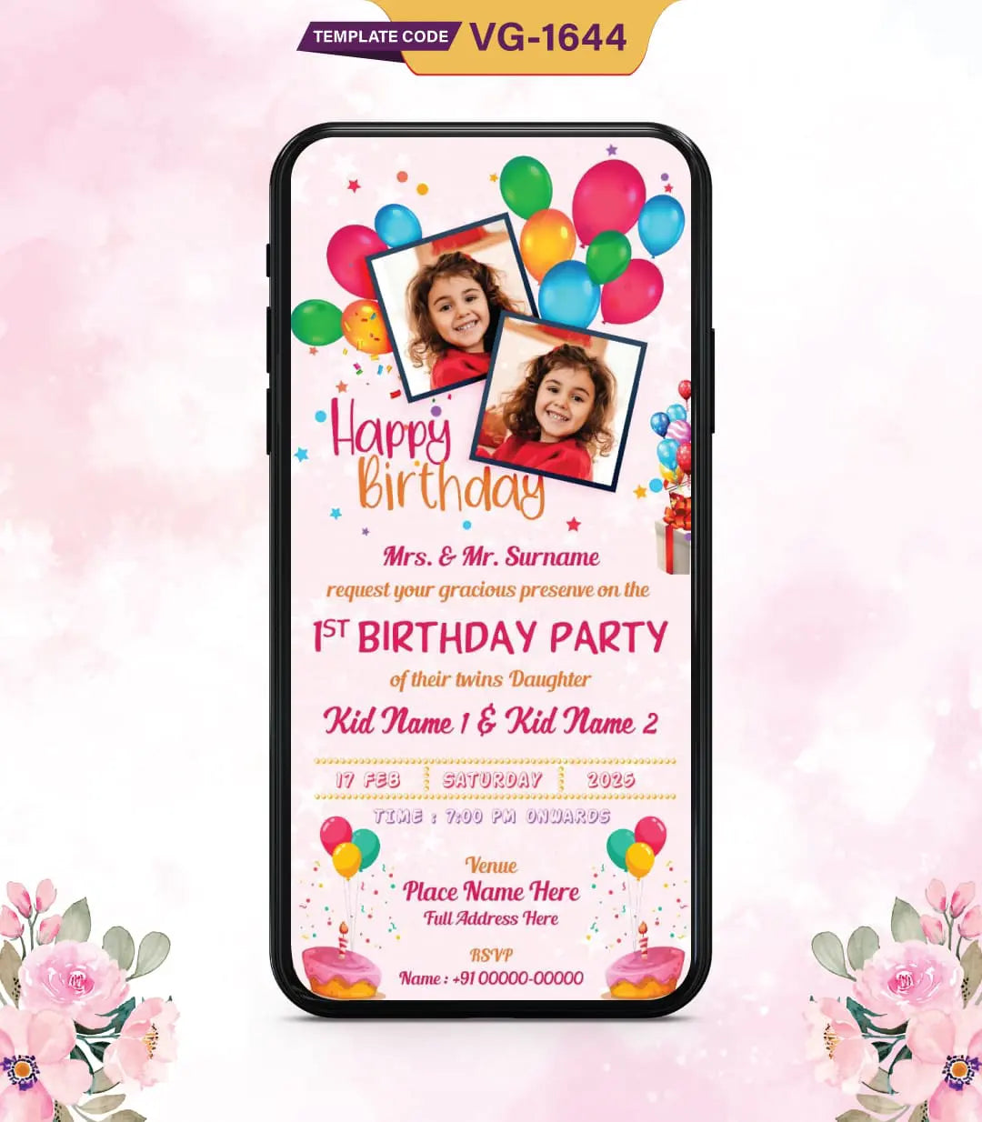 Twins Daughter Birthday Invitation Card | VG-1644