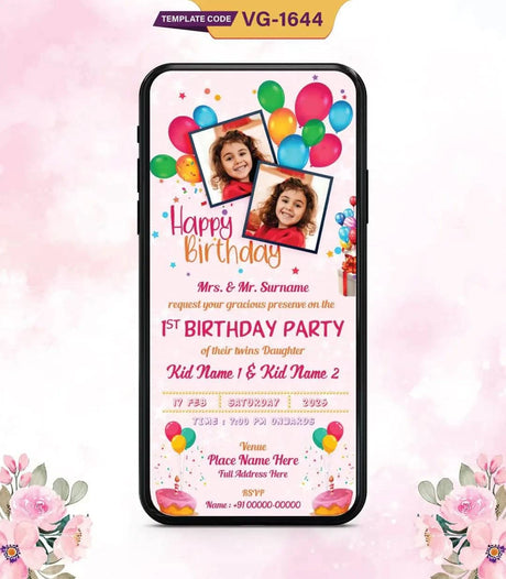 Twins Daughter Birthday Invitation Card | VG-1644 - VideoGiri