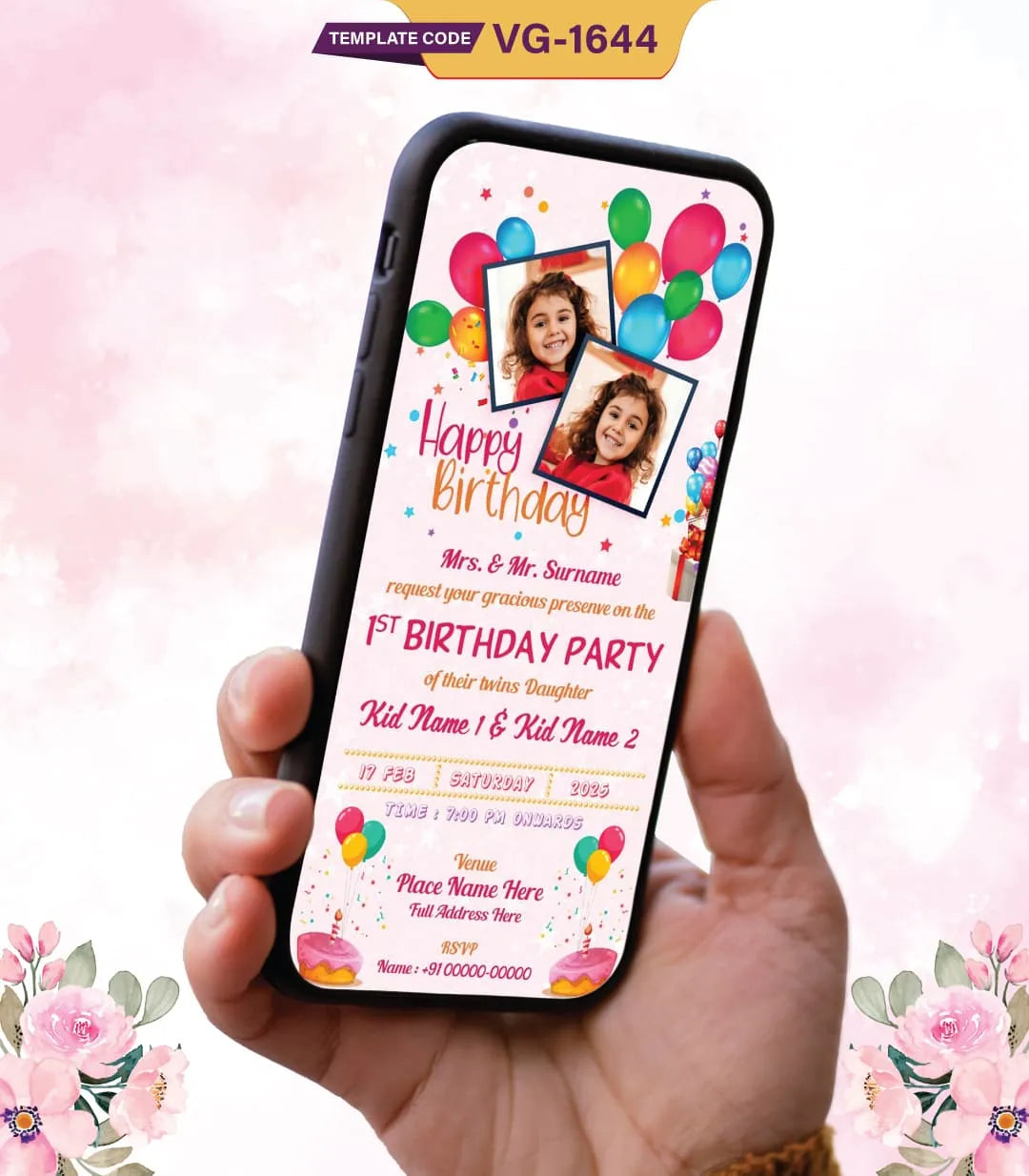 Twins Daughter Birthday Invitation Card | VG-1644