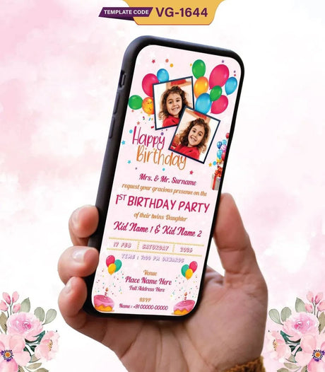 Twins Daughter Birthday Invitation Card | VG-1644 - VideoGiri