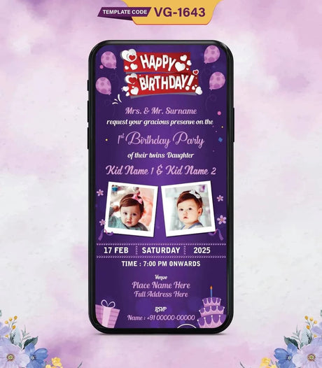 Twins 1st Birthday Invitation Card