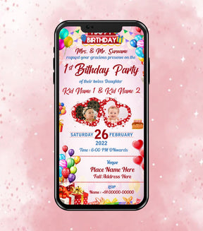 Twins' Daughter First Birthday Invitation Card