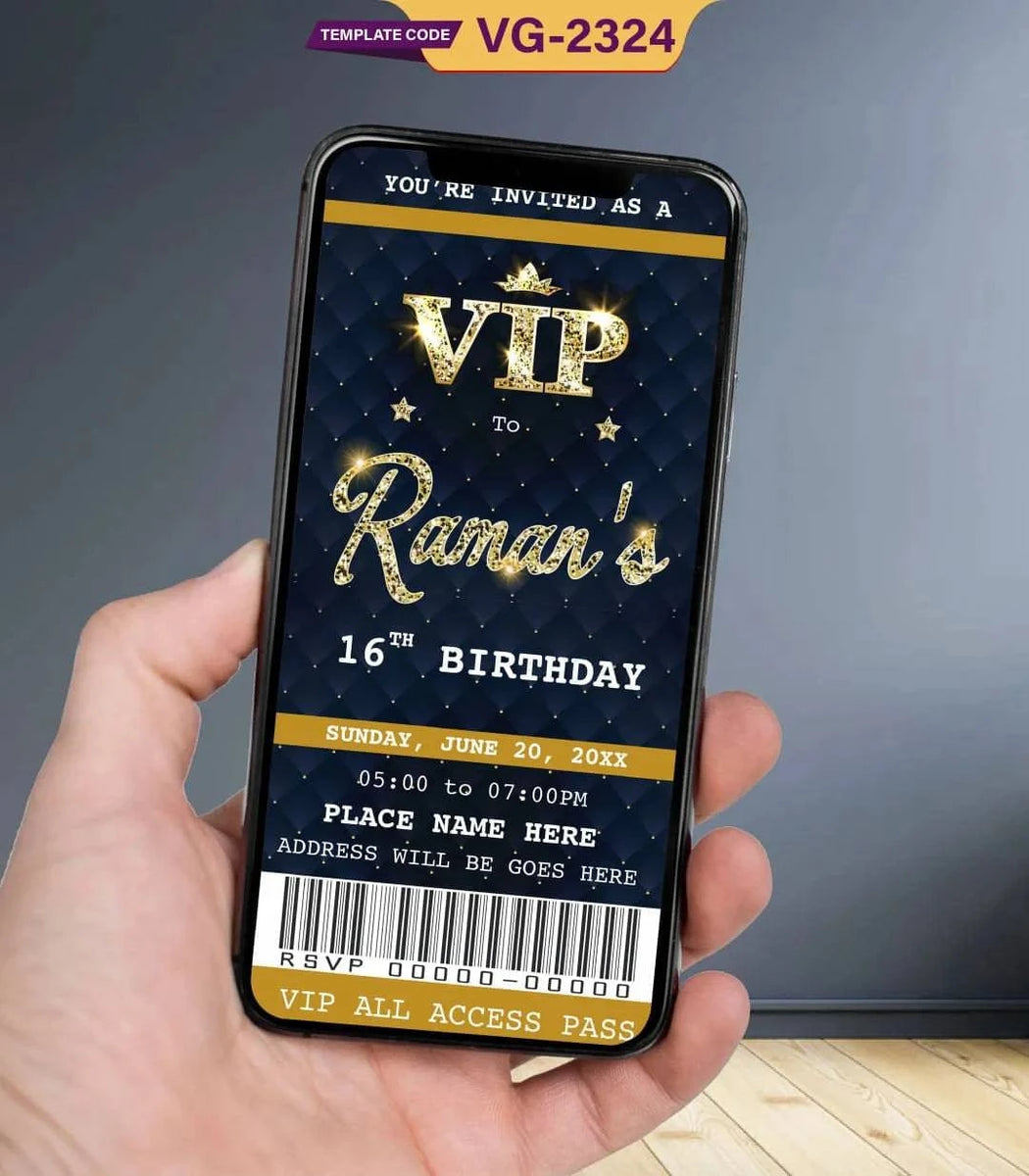 VIP Birthday Invitation Card | Glam Black & Gold 16th Birthday E-Invit ...