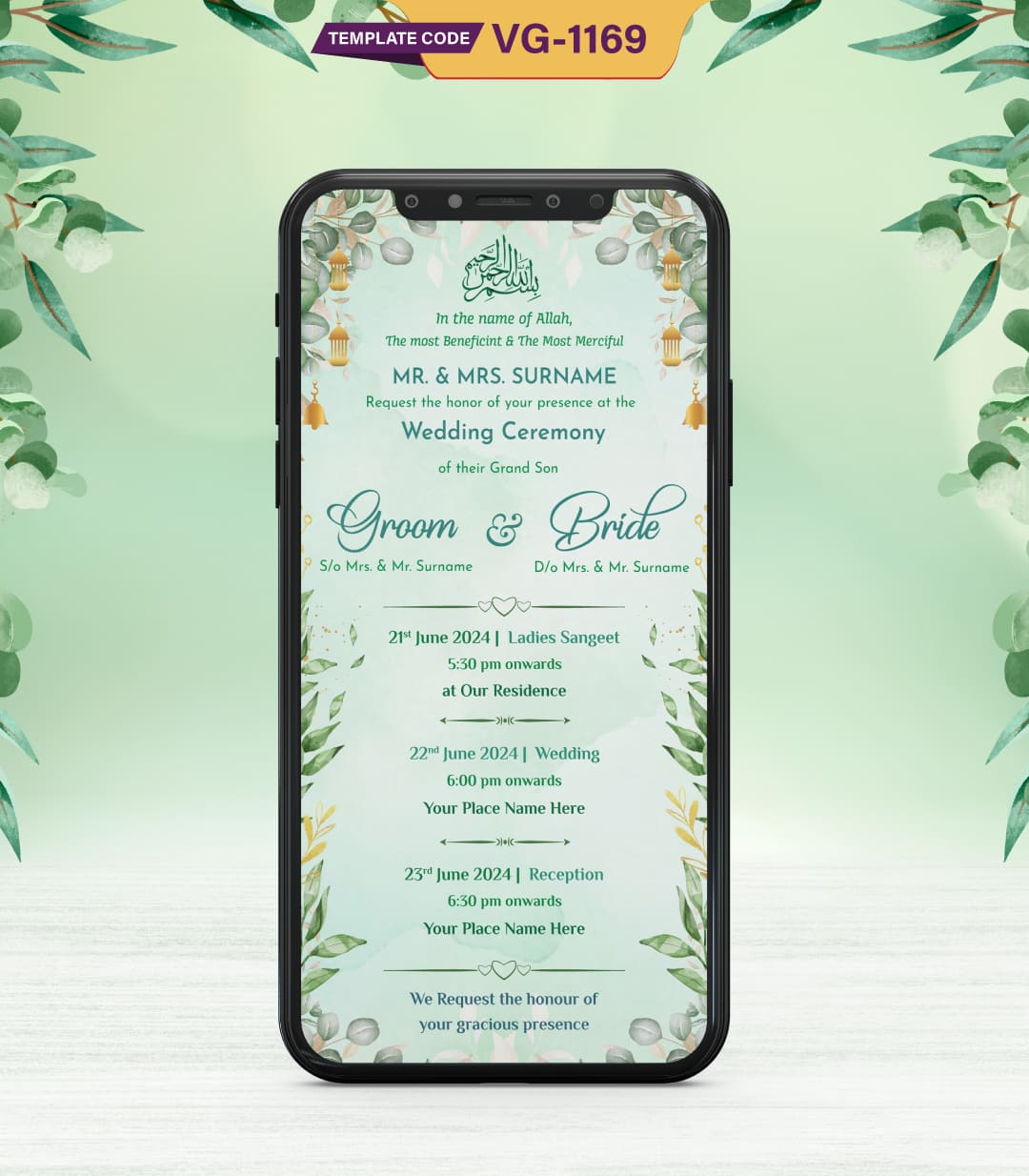 Floral Muslim Cartoon Couple Wedding Invitation Card