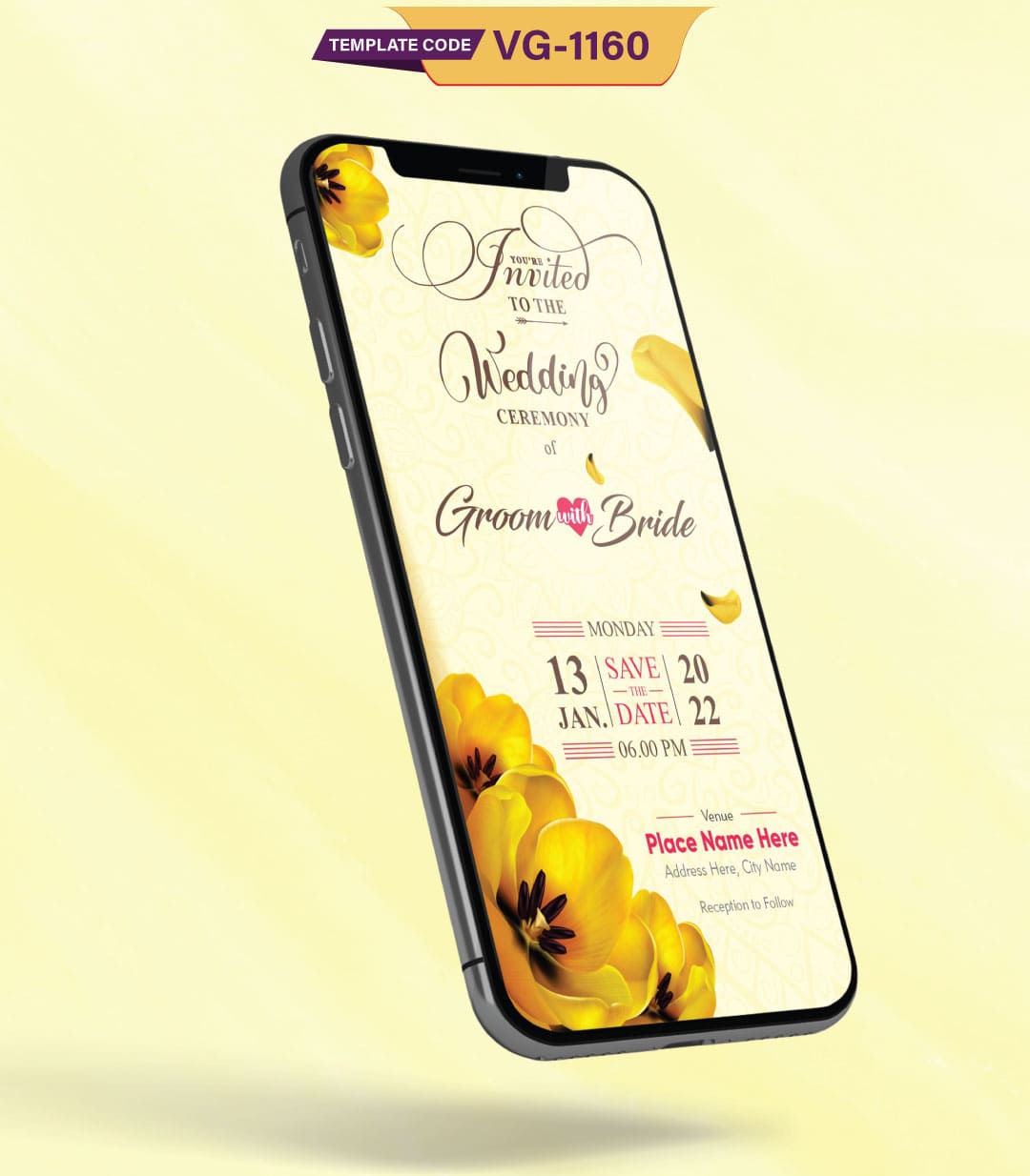 Yellow Floral Theme Wedding Invitation Card