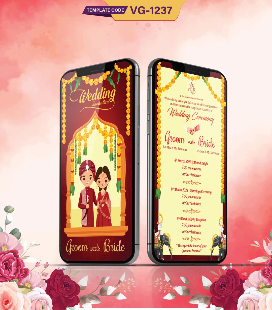 Cartoon Couple Hindu Wedding Invitation Card