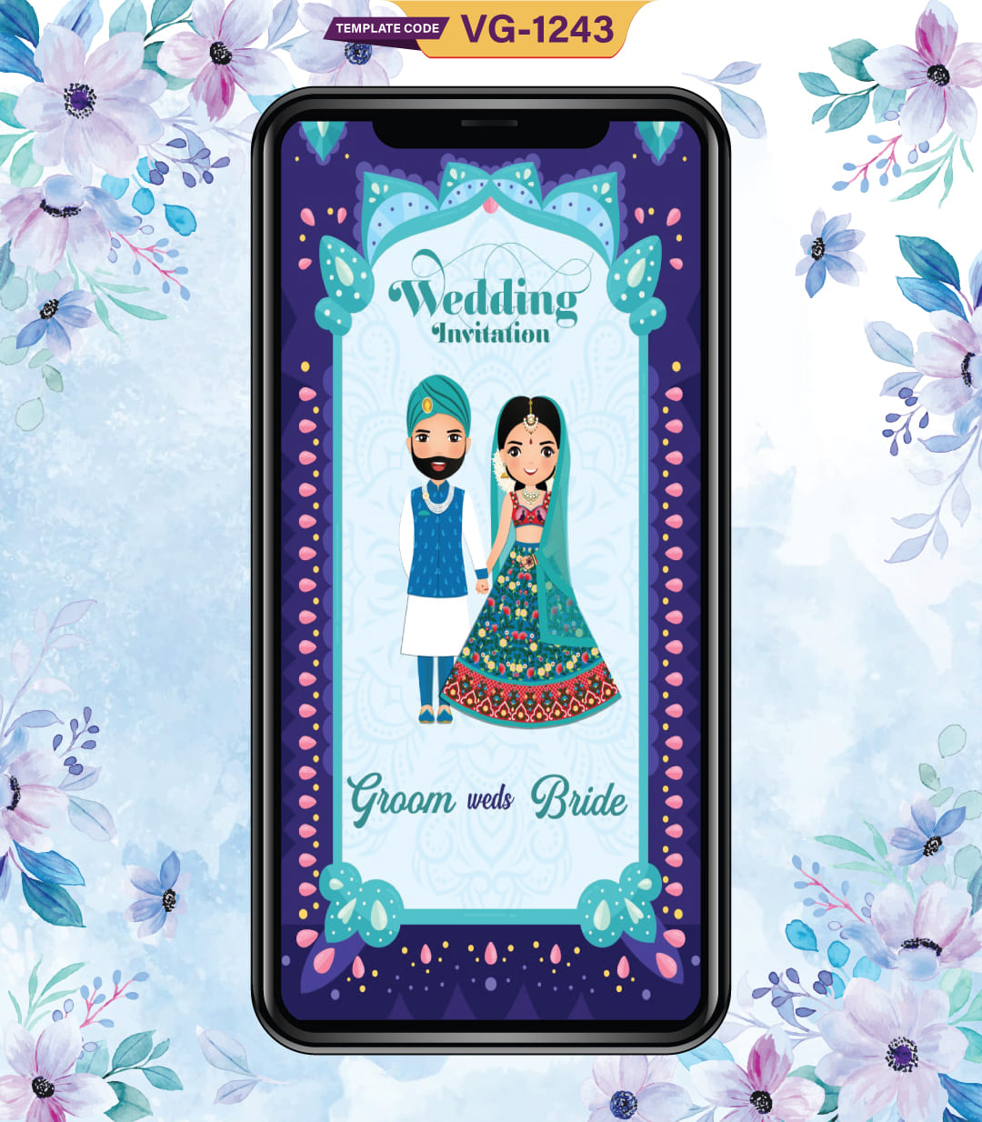Couple Cartoon Punjabi Wedding Invitation Card