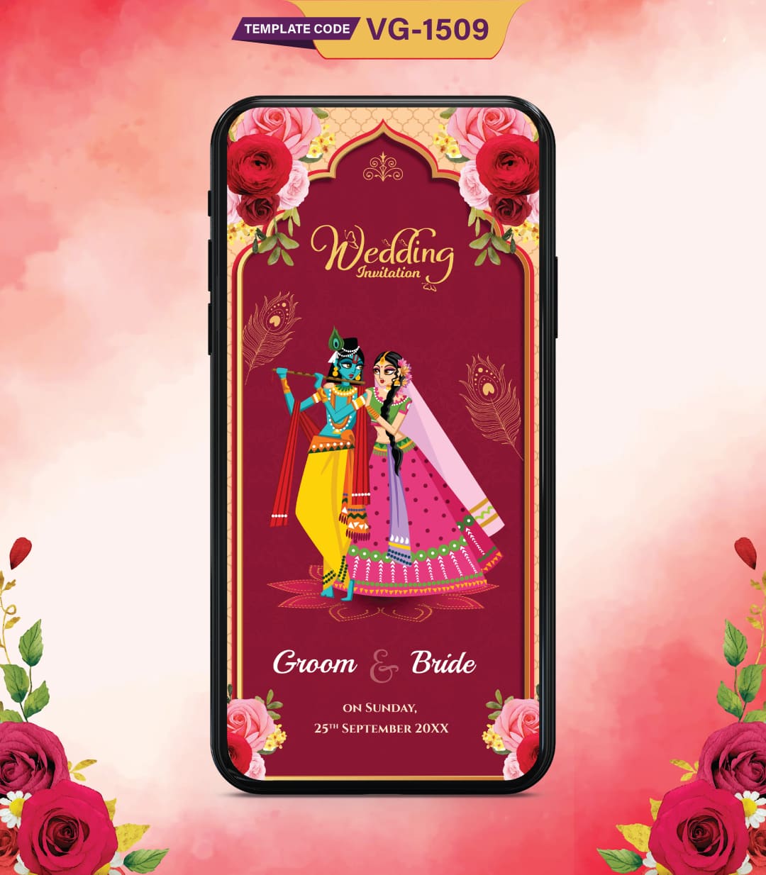 Floral Radha Krishna Wedding Invitation Card