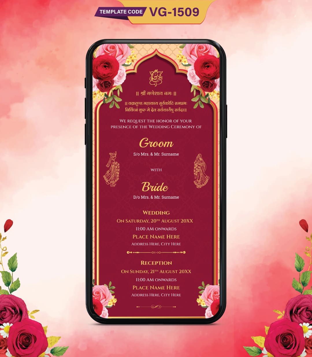 Floral Radha Krishna Wedding Invitation Card