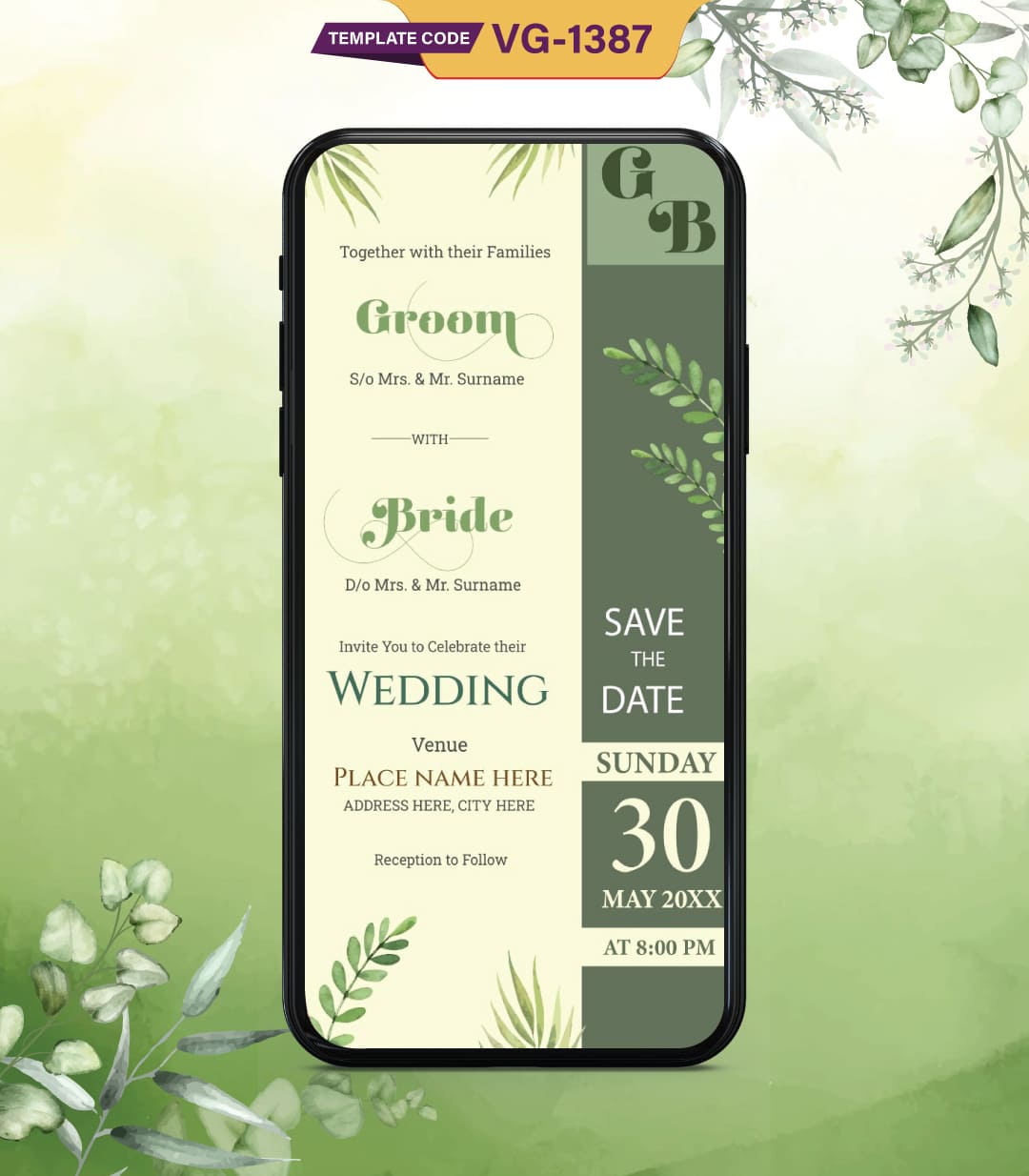 Green Leaves Wedding Invitation Card