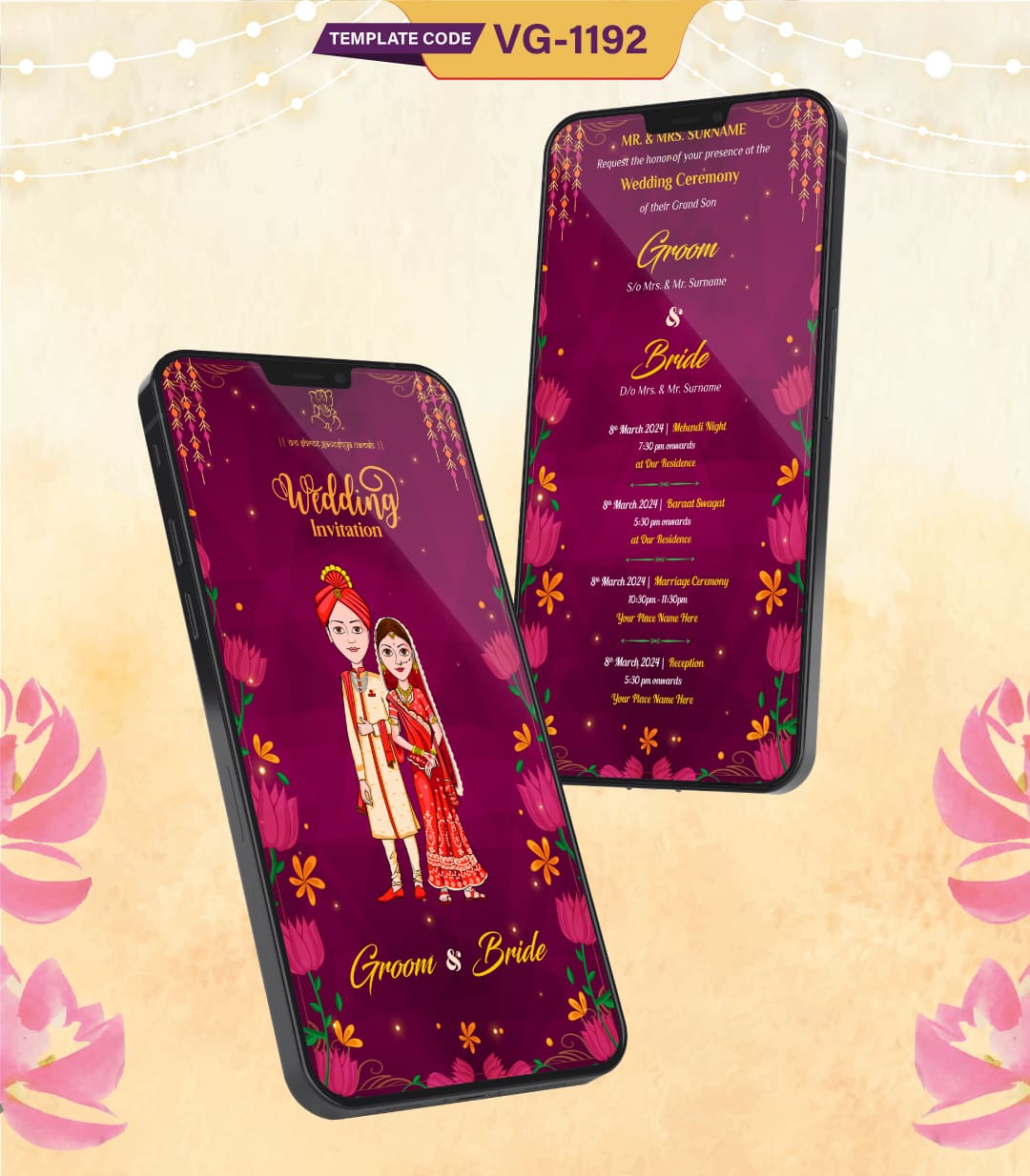 Indian Cartoon Couple Wedding Card - Indian Wedding Invitation Pdf