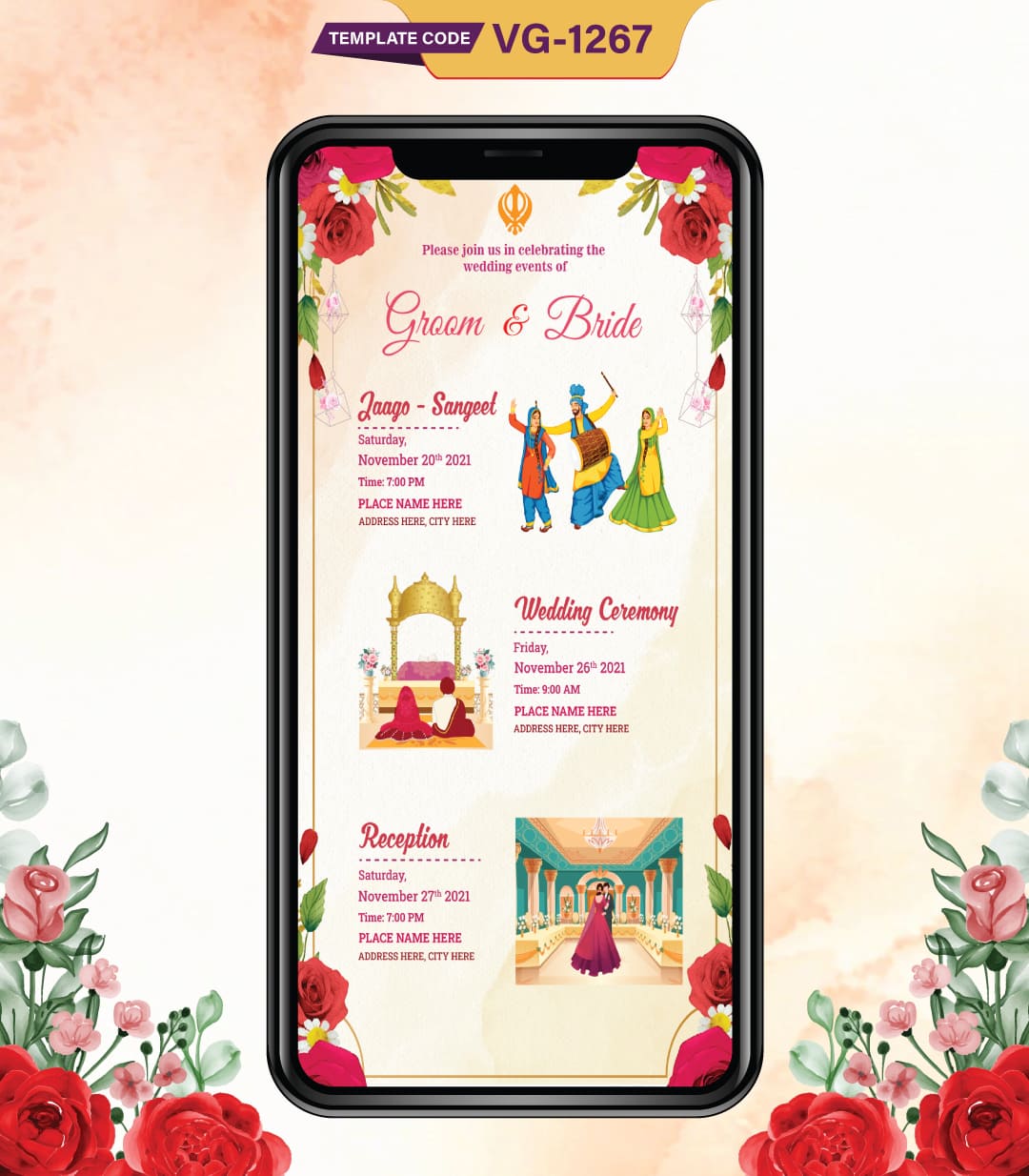 Multiple Function Punjabi Wedding Invitation Card