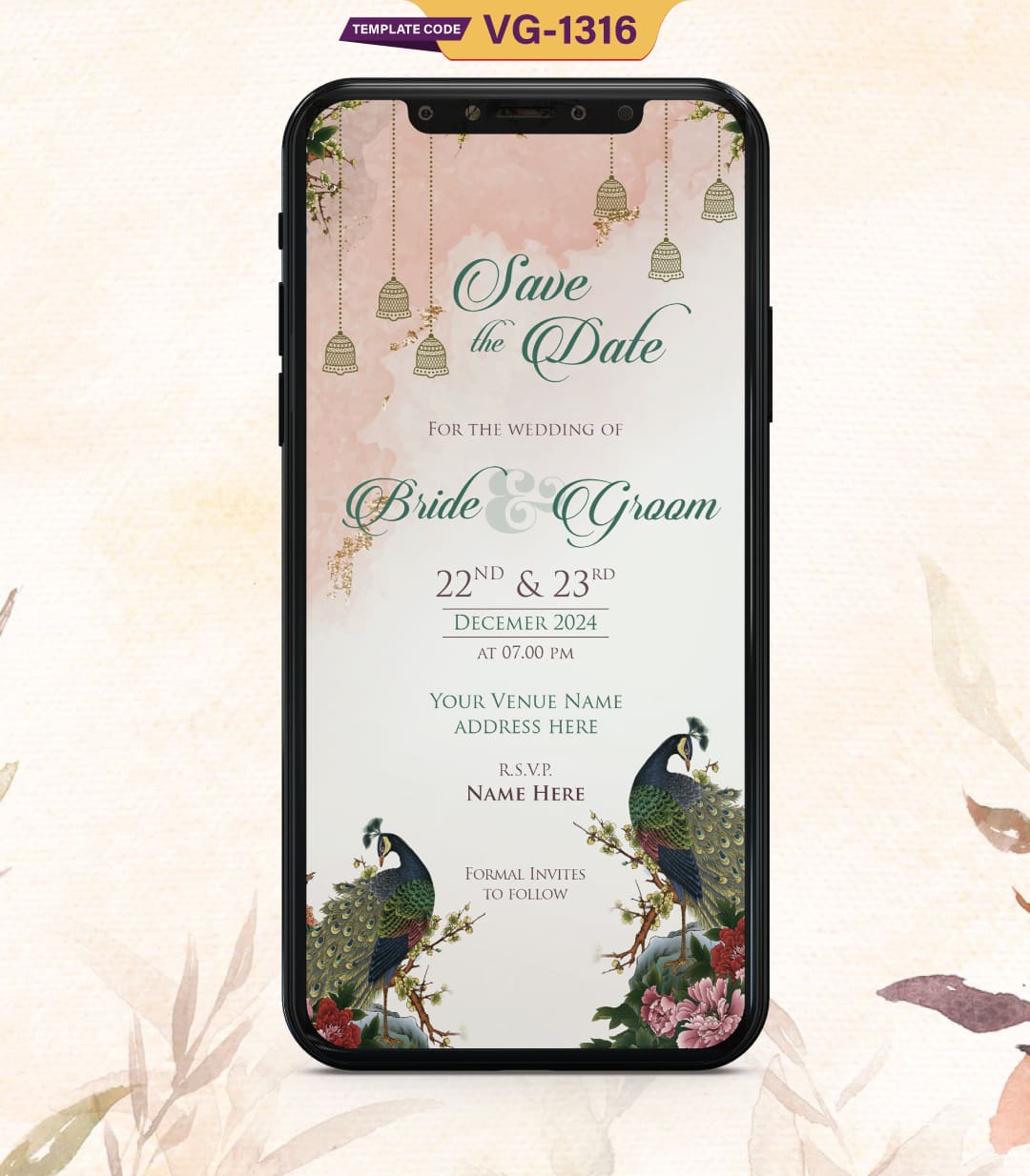 Peacock Theme Wedding Invite Card