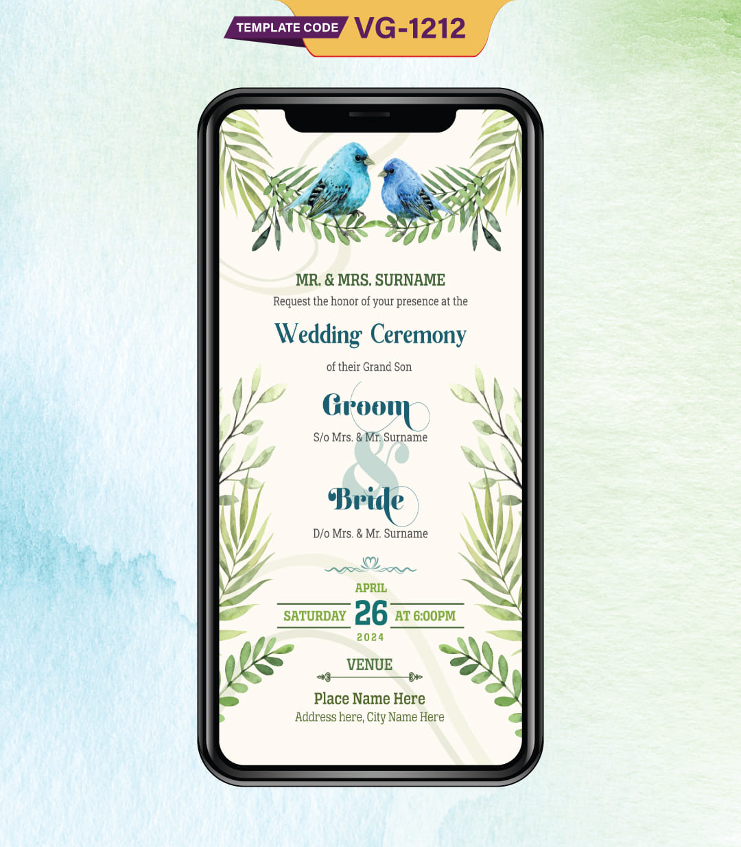 Watercolor Blue Birds Wedding Invitation Card