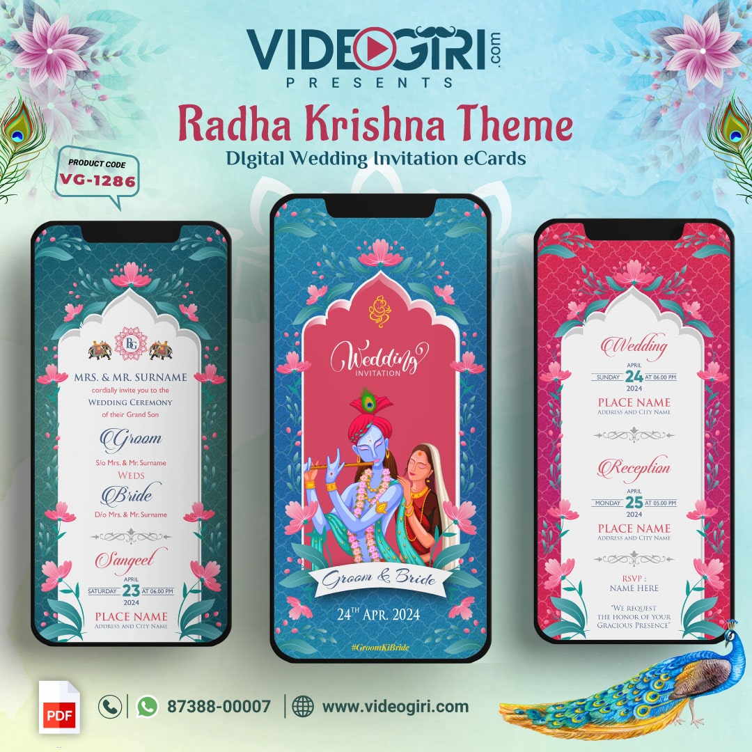 Radha Krishan Theme Wedding Invitation Card