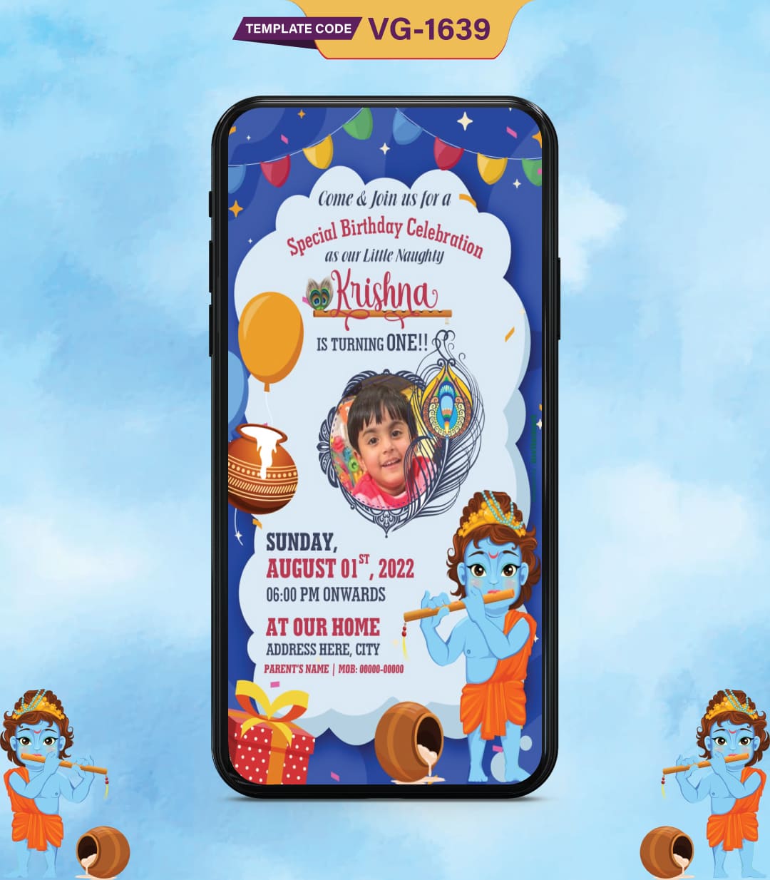 Custom Krishna Theme Birthday Invitation Card