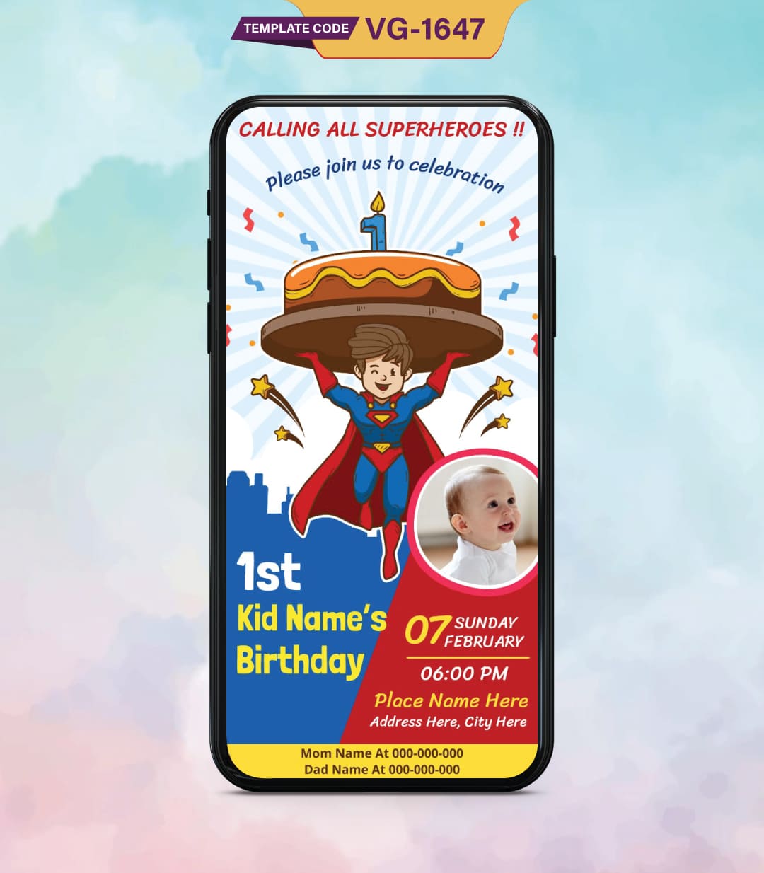 Superman Theme 1st Birthday Party Invitation Card
