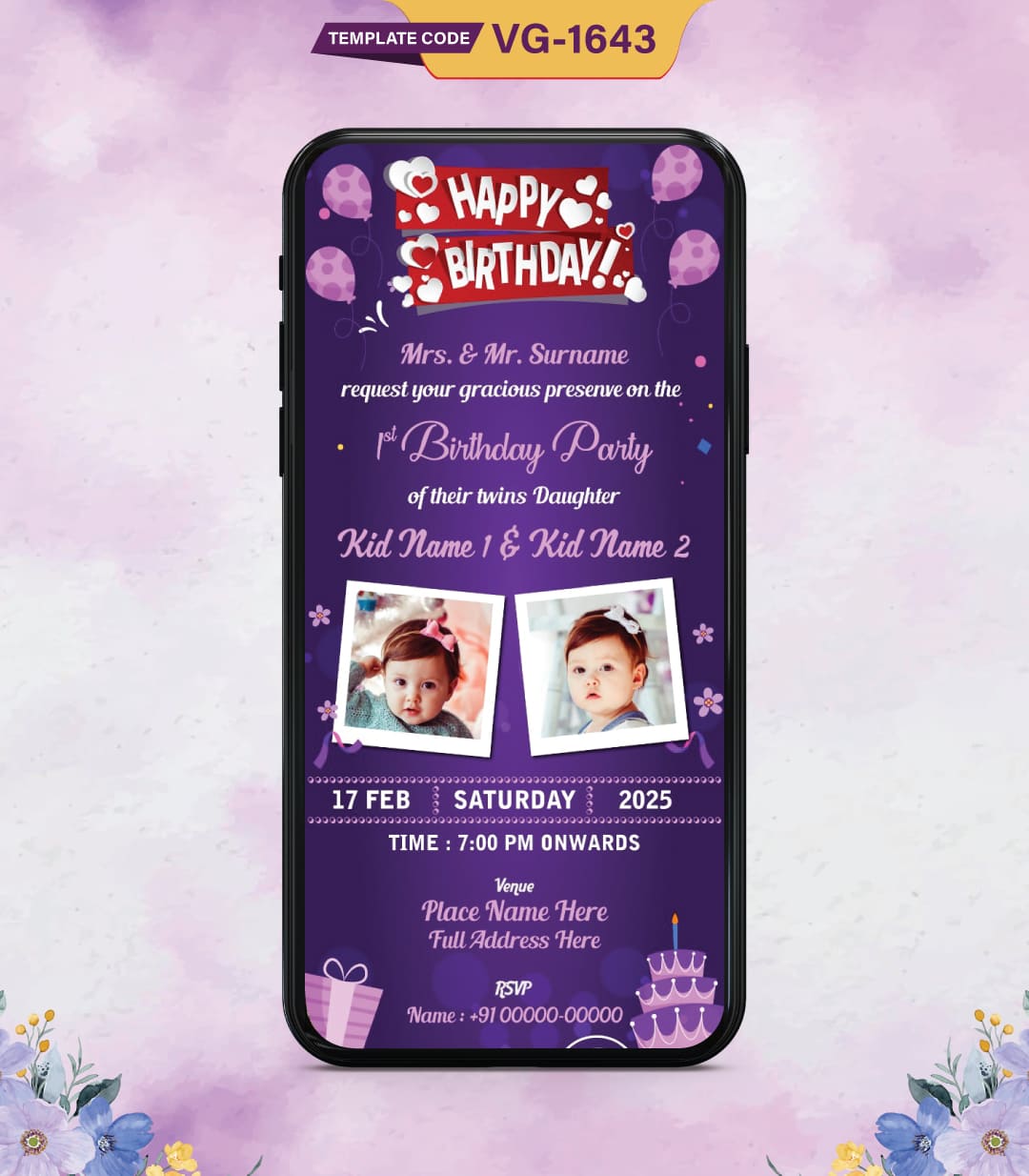Twins 1st Birthday Invitation Card