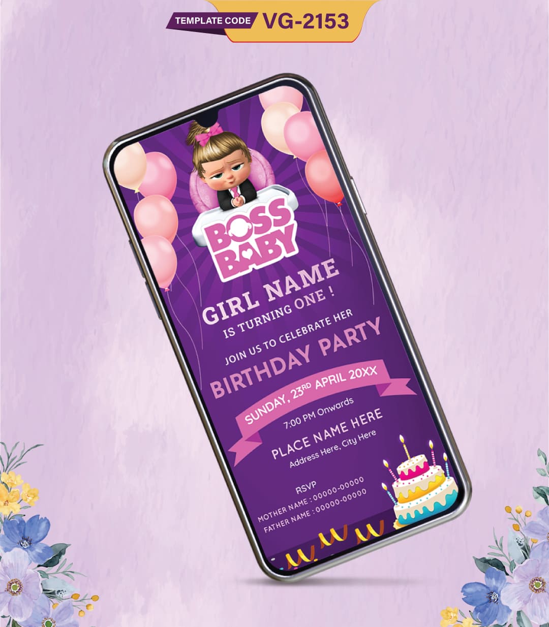 Boss Baby Girl Birthday Invitation Card